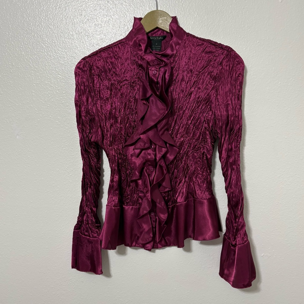 Sunny Taylor Size PM Magenta Satin Ruffle Front Button Up Bell Sleeve Top Y2K
